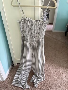 American Eagle Striped Smocked Jumpsuit with Thin Straps - White & Gray